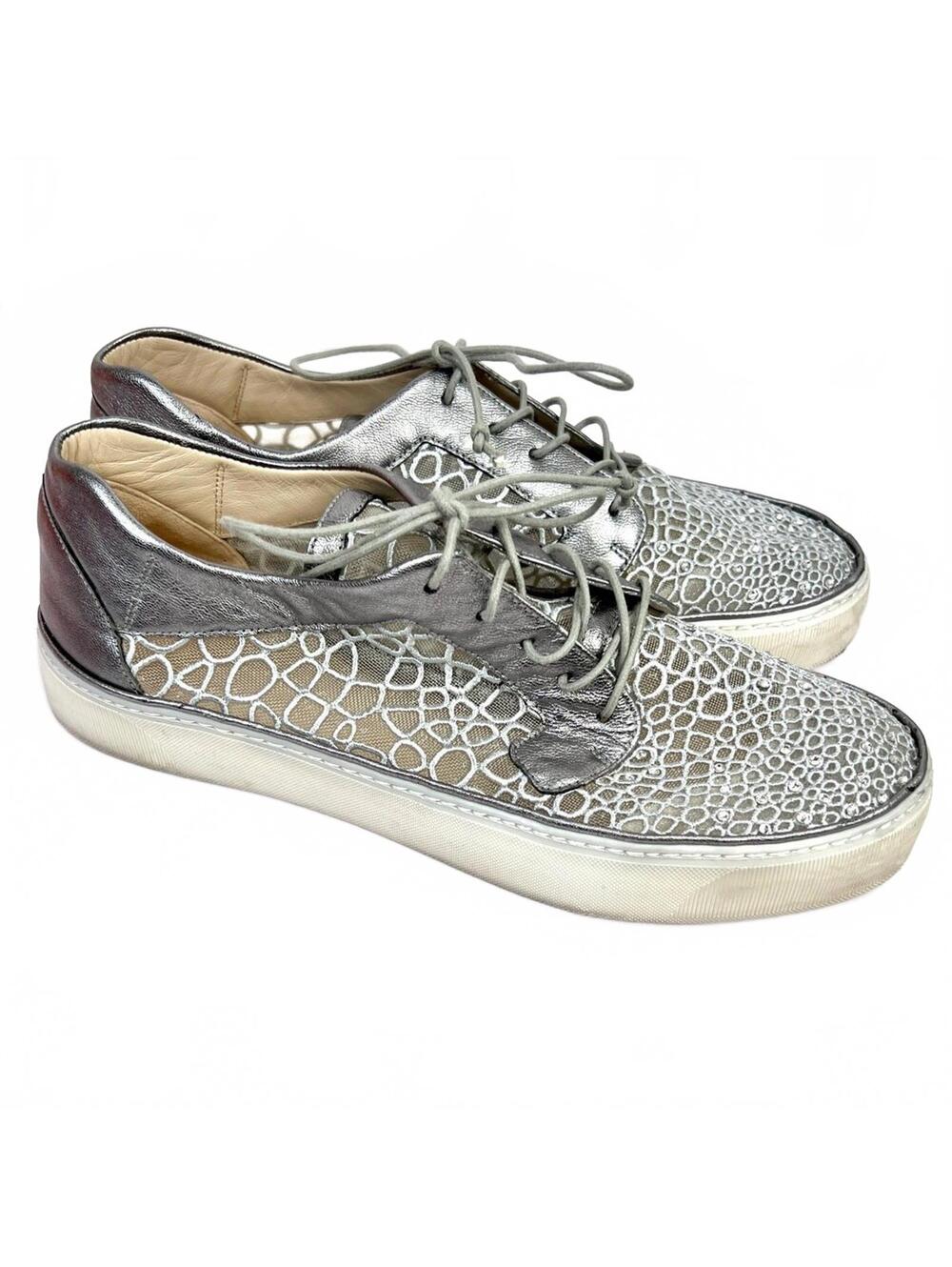 STUART WEITZMAN Women's Size 7 M Lace Gray Silver Leather Crystals Sneakers